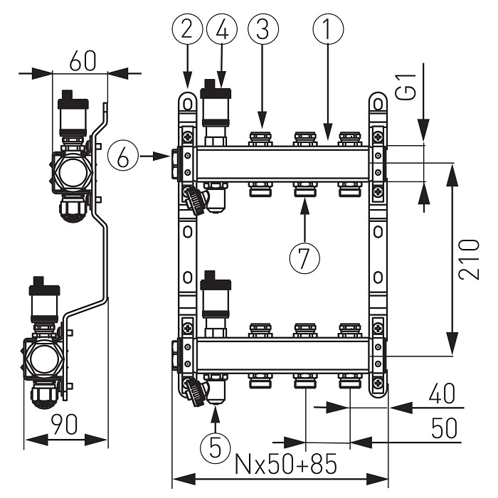 Distribuitor - colector din inox cu 6 circuite pentru calorifere